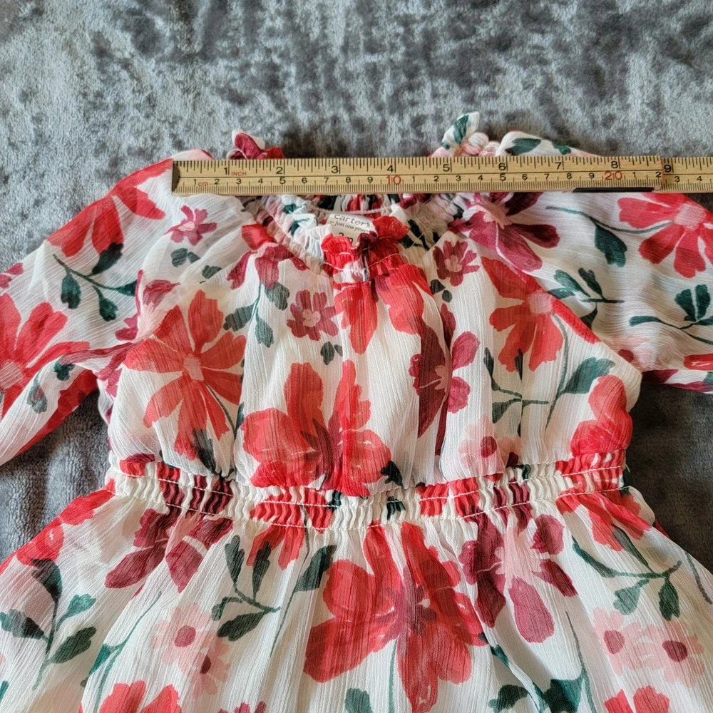 Carter's Floral Dress Baby Girls 3M White Red Excellent Long Sleeve Chiffon 724